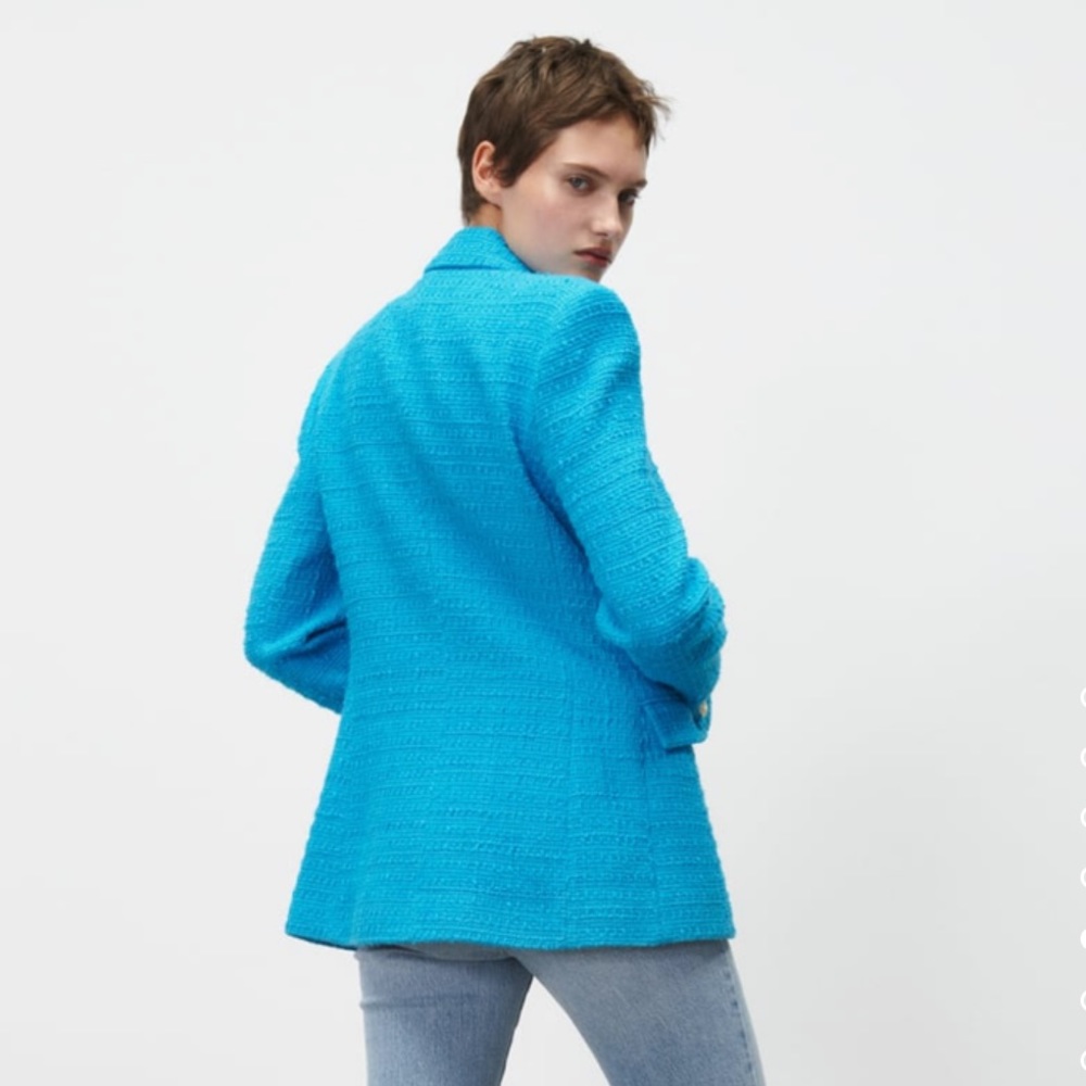 Zara Bright Turquoise Double-Breasted Tweed Blazer - Picture 4 of 8